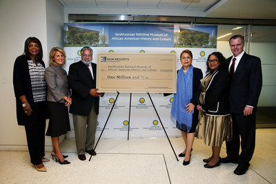 Pictured (l. to r.) at a ceremonial check presentation celebrating MGM Resorts International's pledge of $1 million to the Smithsonian's National Museum of African American History and Culture (NMAAHC) are: Rose McKinney-James, MGM Board Member; Mary Chris Gay, MGM Board Member; Lonnie G. Bunch III, Founding Director of NMAAHC; Alexis Herman, MGM Board Member; Phyllis James, Executive Vice President and Chief Diversity Officer of MGM; and Jim Murren, Chairman & CEO of MGM.