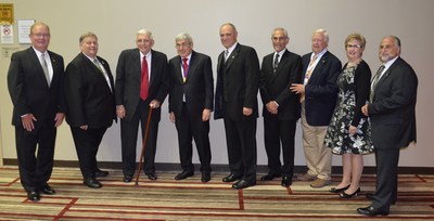 Members of the Callahan Memorial Award Commission congratulate Stanley Bergman, the 2015 Callahan Memorial Award honoree. Pictured from left: Dr. Joe Crowley, 2015 Commission Vice Chairman and American Dental Association (ADA) 7th District Trustee; Dr. Kevin Laing, Callahan Commissioner and President-Elect of the Ohio Dental Association; Dr. Jack Gottschalk, Commissioner Emeritus; Stanley Bergman; Dr. Joe Mellion, Commission Chairman; Dr. Lawrence Goldblatt, Commissioner; Dr. David Rummel, Commissioner...