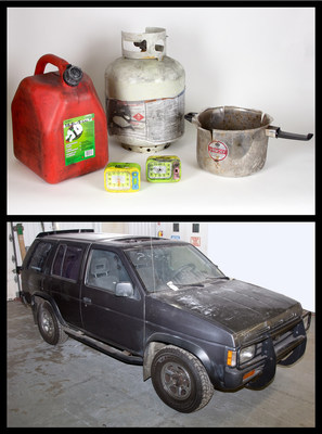 This 1993 Nissan Pathfinder was rigged to explode in New York's Times Square in 2010. Inside the SUV was a homemade bomb that failed to explode, which included this gas can, propane tank, pressure cooker pot and these alarm clocks. Photos: Amy Joseph/Newseum; artifacts: Loan, FBI
