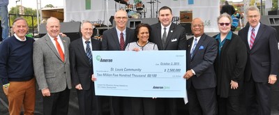 Pictured (left to right): Danny Ludeman, president and CEO of Concordance Academy of Leadership;  David Hilliard, president and CEO of The Wyman Center; Thomas George, chancellor, University of Missouri-St. Louis; Warner Baxter, chairman, president and CEO of Ameren; Sharon Harvey Davis, vice president and chief diversity officer for Ameren; Mike McMillan, president and CEO of the Urban League of Metropolitan St. Louis; Earl Nance, Jr., chairman emeritus of Heat up St. Louis; Carol Scott, CEO of Child Care Aware of Missouri; Rich McClure, co-chair, Ferguson Commission.