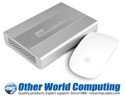 OWC Mercury Elite Pro mini side-by-side with an Apple mouse for size comparison purposes.