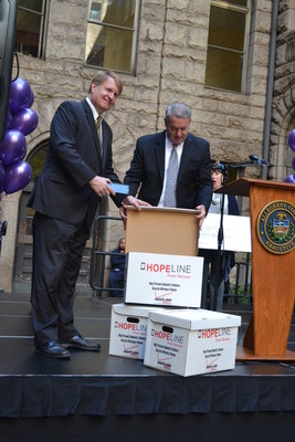Verizon's HopeLine phone drive kicked off in Pittsburgh as Allegheny County Executive Rich Fitzgerald, joined by Verizon's William Carnahan, donated the inaugural phone.