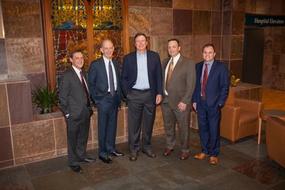 Caption (From left to right): Christian Larsen, MD, DPhil, dean of Emory University School of Medicine and vice president for health center integration in Emory's Woodruff Health Sciences Center; William Bornstein, MD, PhD, chief medical officer and chief quality officer for Emory Healthcare; Jim Kennedy, chairman of Cox Enterprises; John Pattaras, MD, associate professor of urology, Emory University School of Medicine and Peter Rossi, MD, associate professor of radiation oncology, Emory University...