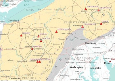 Unimin Energy Solutions - Marcellus/Utica Terminal Network (shown with 50 mile service radius)