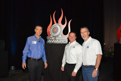 The 2015 SEMA Award for Hottest Car for the Ford Mustang, Hottest Truck for the Ford F-Series and Hottest Sport Compact for the Ford Focus was presented by SEMA President and CEO Chris Kersting (left) to Global Director Ford Performance Dave Pericak (center). The SEMA Award for Hottest 4x4-SUV went to Jeep for the Jeep Wrangler, and was presented to Pietro Gorlier (right), head of MOPAR.