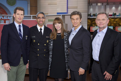 The left to right in the photo is: Jamison Monroe (Drugs Over Dinner), U.S. Surgeon General Vivek Murthy M.D., Mackenzie Phillips, Actress, Dr. Oz, Host, and Jim Hood (Facing Addiction)