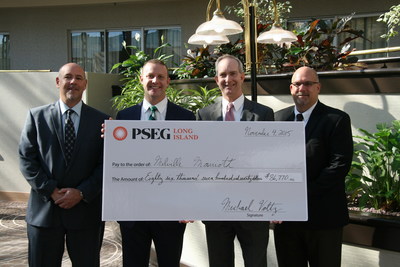 PSEG Long Island presents the Melville Marriott general manager with a Commercial Energy Efficiency rebate for the replacement of more than 5,700 inefficient lighting fixtures with energy-saving LED lighting.