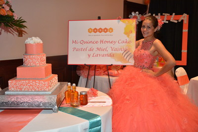 Austin quinceanera Twila R. with her stunning honey-based cake "Quince Honey Cake", presented by The National Honey Board. Photo courtesy: The National Honey Board