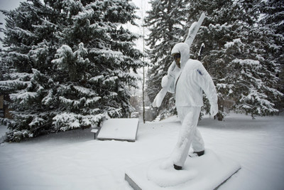 On Veterans Day, snow blankets the 10th Mountain Division Soldier Statue in Vail, Colorado. It pays tribute to the 18,000 brave soldiers who trained for the U.S. Army in harsh mountain conditions in nearby Camp Hale in preparation for alpine battle during World War II.