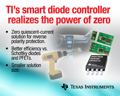 Industry's first zero quiescent current solution from Texas Instruments provides reverse polarity protection in industrial power tool and automotive applications.