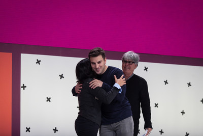 Airbnb Cuban hosts Julio and Silvio join Airbnb's CEO Brian Chesky at the 2015 Airbnb Open in Paris