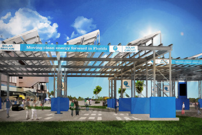 Florida Power & Light Company is partnering with Daytona International Speedway to accelerate clean energy with the FPL Solar Circuit. This rendering shows one of three solar structures that will add 2.1 megawatts of solar energy in 2016 as part of the DAYTONA Rising redevelopment project.