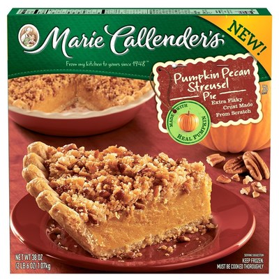 Marie Callender's newest dessert features her signature flaky, made-from-scratch pastry crust, brimming with real pumpkin blended with just the right spices and finished with a crunchy brown sugar streusel with toasted pecans.