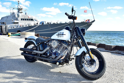 This customized Harley-Davidson Softail Slim(R) S model reflects the speed, power, and agility of the nation's fifth Littoral Combat Ship, the USS Milwaukee. Lockheed Martin collaborated with Harley-Davidson to design this motorcycle, which will be auctioned to support the military and their families. Photo Credit: Lockheed Martin