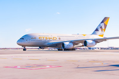 Etihad Airways' inaugural A380 flight arrives from Abu Dhabi at New York's John F. Kennedy International Airport on Monday, Nov. 23, 2015. New York marks the first U.S. destination for Etihad Airways' network of Airbus 380 destinations.
