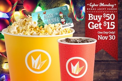 Regal Entertainment Group announces Cyber Monday eGift Card offer: Buy $50 in eGift Cards and receive a $15 ePromotional Concessions Card for free. Source: Regal Entertainment Group.