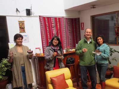 Andrew Jablonski, 68-year-old Canadian engineer, enjoys a surprise birthday with the staff in Cusco, Peru