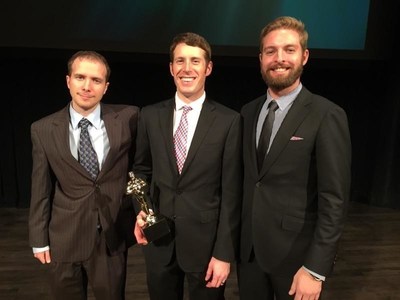 Sean Kline, Andrew Maxey, and Mark Williams of Vartega Carbon Fiber Recycling receiving the National Emerging Technology Award at the Cleantech Open Global Forum on November 19, 2015 at Herbst Theatre.