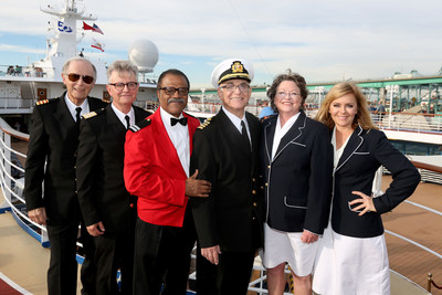 The Love Boat cast reunited aboard Pacific Princess in the Port of Los Angeles to celebrate the 50th anniversary of Princess Cruises. From left: Bernie Kopell (Doc), Fred Frandy (Gopher), Ted Lange (Isaac), Gavin MacLeod (Captain Stubing), Cindy Tewes (Julie) and Jill Whelan (Vicki Stubing).