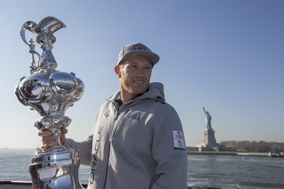 ORACLE TEAM USA skipper Jimmy Spithill and the America's Cup trophy look ahead to the return of America's Cup racing to New York with the Louis Vuitton America's Cup World Series on May 7-8, 2016. (Photo: ACEA 2015 /Rob Tringali)