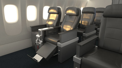 American Airlines Premium Economy seats with bulkhead footrest extended.