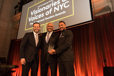 Carnival Corporation and its CEO Arnold Donald (center) were honored by the NYC & Company Foundation, including the organization's president and chairman Fred Davis (left), yesterday evening during the Visionaries and Voices Gala, emceed by Charl Davis (right) at Cipriani 25 in New York City.