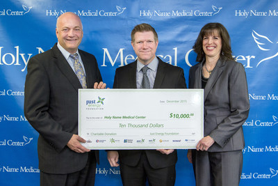Miriam Stiefel, Director of Just Energy's National Affinity Program (Right) with Shon Prejean, National Affinity Sales Director, presenting a $10,000 donation to Michael Maron, President and CEO, Holy Name Medical Center (Far left).