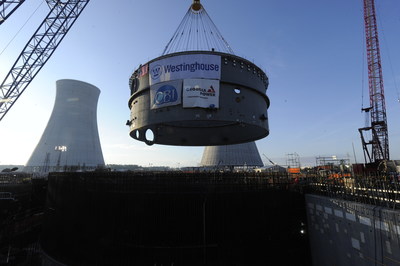 The 1.9 million-pound lower ring for Unit 4 is lifted into place at the Vogtle nuclear expansion near Waynesboro, Georgia.