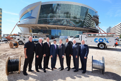 Posing in front of the Las Vegas Arena are from left Mark Prows, senior vice president, Arenas, MGM Resorts International; Steve Rowley, senior vice president, Cox Business; Mark Faber, senior vice president of global partnerships, AEG; Rick Arpin, senior vice president of entertainment and development, MGM Resorts International; Pat Esser, president, Cox Communications; Derrick R. Hill, vice president, Cox Business/Hospitality Network, Las Vegas; Michael F. Bolognini, vice president...
