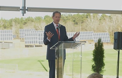 Paul Bowers, chairman, president and CEO of Georgia Power, dedicates a new one megawatt (MW) solar tracking demonstration project in Athens, Georgia on Tuesday, Dec. 15. The new project is located on a 10-acre site owned by the University of Georgia (UGA) and is the result of a utility/university collaboration to further demonstrate and advance solar energy in Georgia.
