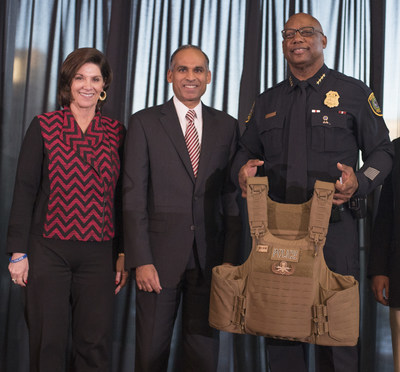 LyondellBasell CEO, Bob Patel, presents check for $35,000 to the Houston Police Foundation to purchase tactical vests. [Left] Houston Police Foundation Executive Director, Charlene Floyd [Center] LyondellBasell CEO, Bob Patel [Right] Houston Police Chief Charles McClelland