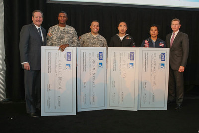Re-training veterans receive scholarships at the 10th Anniversary of New York City's Center for Automotive Education & Training.  From left to right: Nick Toomey, VP Rallye Motors; Veterans Charles Broach, Michael Bermudez, Willy Cao, Ferdinand Villar and Bob Vail, president of the Greater New York Automobile Dealers Association.