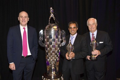 BorgWarner President and Chief Executive Officer James R. Verrier (left) presented 2015 Indianapolis 500 winner Juan Pablo Montoya (center) with a BorgWarner Championship Driver's Trophy(TM) and team owner Roger Penske (right) with a BorgWarner Championship Team Owner's Trophy(TM).