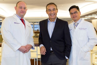 Oscar and part of his medical team on Jan. 11: Dr. Allen S. Anderson, M.D., Medical Director, Center for Heart Failure, Bluhm Cardiovascular Institute, Northwestern Medicine (at left), and Dr. Duc Pham, M.D., Director of the Northwestern Medicine Heart Transplant Program (at right)