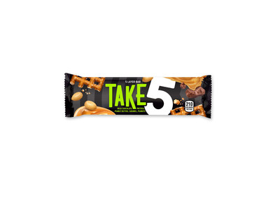 The new TAKE5 Bar wrapper, hitting shelves and online now, includes a textured black background with a bold, green logo co-designed by millennials.
