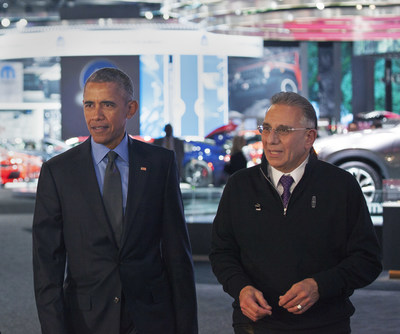 NAIAS Chairman Paul Sabatini discusses the 2016 NAIAS and new vehicle technology with President Barack Obama as they tour the show.