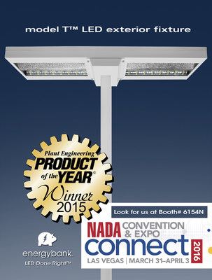 energybank model T LED exterior fixture for superior automotive merchandising named  Product of the Year by Plant Engineering. This is the third Product of the Year win for Founder and CEO Neal Verfuerth. Come see us at NADA Mar 31 - Apr 3 at Las Vegas to learn more about LED Done Right. www.energybankinc.com