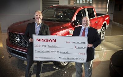 Scottsdale, AZ - January 25 - Nissan North America executives Warren DeBardelaben, Director, Dealer Support, (L) and Wally Burchfield, Vice President, Aftersales Division, present a check for $250,000  to the UTI Foundation to fund scholarships for students who wish to pursue careers as automotive technicians. Nissan has supported the UTI Foundation with more than $1.2 million in scholarship donations over the past seven years.