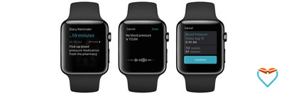 Actionable Care Reminders and Tap & Talk Health on The Diary for Apple Watch allow users to dictate their symptoms and vitals directly into their device, and also to receive reminders so they can effectively follow their care and prescription plans.