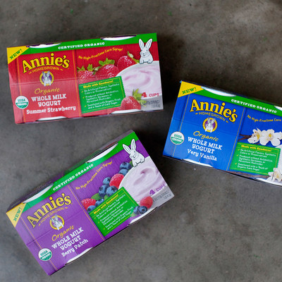 Introducing Annie's Organic Whole Milk Yogurt in three delicious varieties, including Summer Strawberry, Berry Patch & Very Vanilla. Also available in Grass Fed.