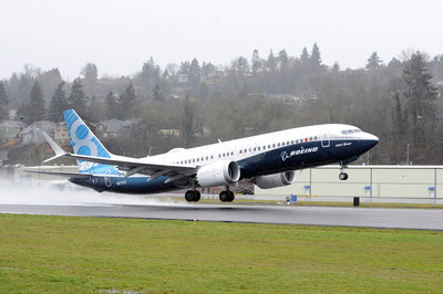 Boeing's first 737 MAX takes off from Renton Field in Renton, Washington. The airplane, named the "Spirit of Renton," flew for about 2 hours and 45 minutes. Boeing photo by Matthew Thompson.