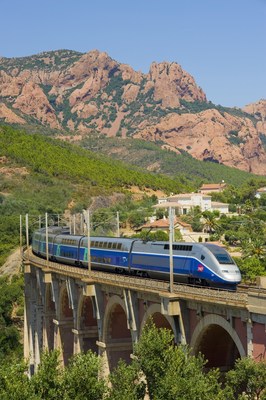 A TGV train whisks passengers through the French countryside. Get extensive travel on the national rail network of France with a France Rail Pass from RailEurope.com.