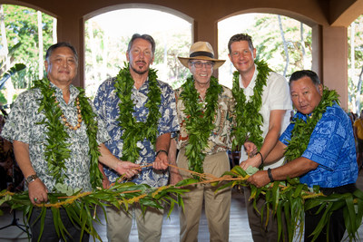 G. Riki Hokama, Committee Chair, Maui City Council, Lawrence Ellison, owner, Four Seasons Resorts Lanai, Isadore Sharp, Founder and Chairman, Four Seasons Hotels and Resorts, Tom Roelens, General Manager Four Seasons Resorts Lanai, and Maui Mayor Alan Arakawa at opening of Four Seasons Resort Lanai.