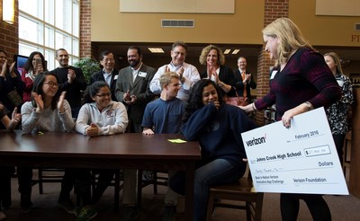 VROOM: Students from Johns Creek High School in Johns Creek, Ga., received a visit from Verizon when their carpooling app idea was named a Best in Nation winner of the Verizon Innovative App Challenge. Feb. 2, 2016.