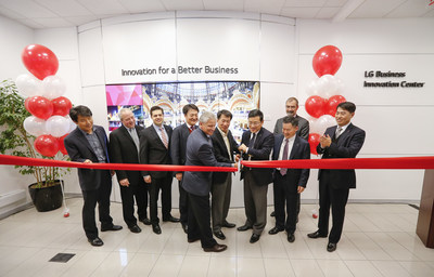 LG Electronics senior leadership perform the official ribbon cutting at the grand opening of the LG Electronics USA Business Innovation Center on Wednesday, February 3, 2016, in Lincolnshire, IL. From left to right: LG Electronics USA President of Parts & Service, Mr. Kyu-Moon Yu; LG Electronics USA VP of Hospitality, Michael Kosla; LG Electronics USA Head of Marketing, Commercial Displays, Garry Wicka; LG Electronics USA SVP of Commercial Displays, Kimun Paik; LG Electronics USA VP of Digital Signage, Clark Brown; Global President of Commercial Displays LG Electronics Soon Kwon; LG Electronics USA President & CEO William Cho; LG Electronics USA