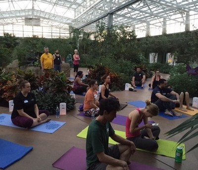 Wounded veterans and their guests practice yoga at an indoor rainforest in Arizona.