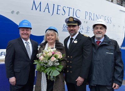 (From left to right) Executive Vice President of Fleet Operations Keith Taylor, Graziella Sagani (Captain Sigani's mother), who served as the ship's "madrina," Captain Dino Sagani, and Fincantieri Shipyard Director Mr. Attilio Dapelo at the float-out ceremony for Majestic Princess.