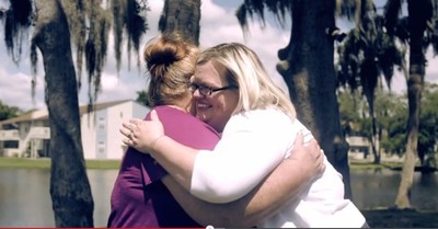 Amelia Lucas shares a moment with Laura Gannon, a Staywell Health Plan social worker who helped Amelia get the medical supports and services she needed to care for her injured son at home.