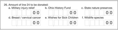 As Ohioans make plans for their 2015 state income tax refunds, they have an opportunity to voluntarily designate a portion to help grant the wishes of area kids battling life-threatening medical conditions. Make-A-Wish(R) Ohio, Kentucky and Indiana is encouraging the community to "Checkoff for Children's Wishes" on line 26e their state income tax returns (pictured), which will place their donated amount into a special fund that benefits sick kids.