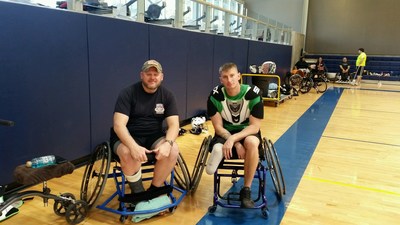WWP Alumni Dan Piotrowski and Ben Lunak take a break in between intense wheelchair lacrosse drills.